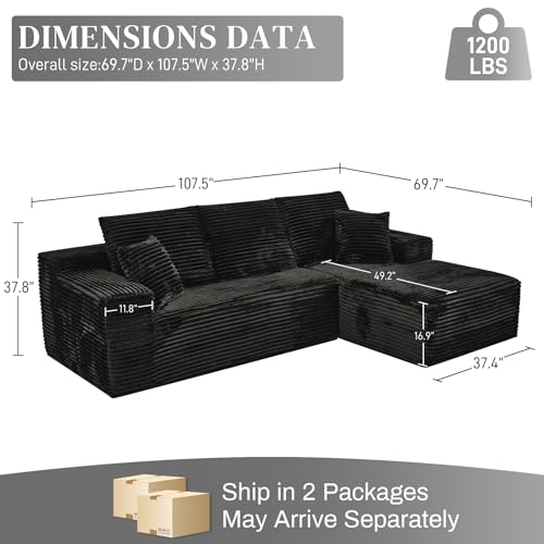 Image of 108 inch Boneless Couches for Living Room, L Shaped Comfy Cloud Modular Sectional Memory Foam Deep Seat Boneless Couch, No Assembly Required Boneless Sofa for Living Room with Right Facing Chaise, Black