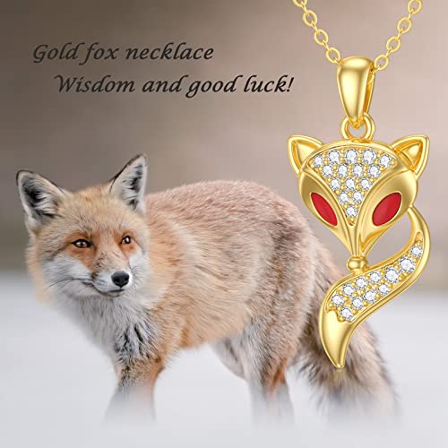 Mrenite Solid 14K Yellow Gold Fox Necklace With Red Dripping Glue And Cubic Zirconia Gold Fox Head Tail Pendant Christmas Amimal Jewelry Gift For Women #TOP5