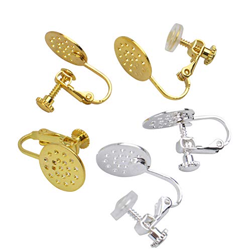 Clip On Earring Findings, 12Pcs Screw Type Earring Clips Components With 12Mm Blank Mesh Pad Base And 12Pcs Silicon Earring Cushion For None Pierced Ears #TOP1