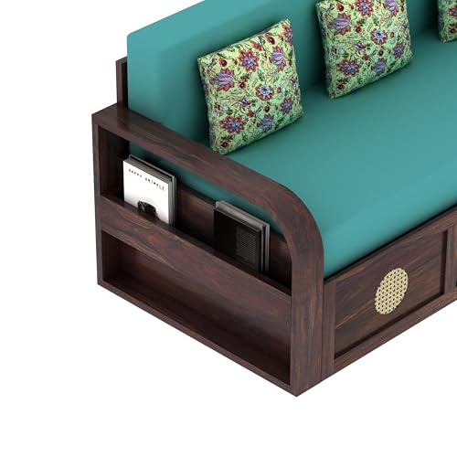 Image of Ganpati Arts Solid Sheesham Wood Cosmos 3 Seater Sofa Cum Bed with Headboard Design for Living Room Wooden Furniture Sofa Bed for Home - Walnut Finish 3 Year Warranty