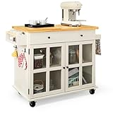 UNDUSLUY Rolling Kitchen Island with Storage on Wheels, 37.4' Island Table for Kitchen with 2 Drawers, Adjustable Shelves, Towel & Spice Racks, Solid Pine Top - Warm Beige