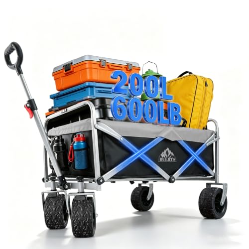 Folding Wagon Carts with Wheels Heavy Duty, Collapsible Beach Trolley, 360° Rotating All-Terrain Portable Camping Adjustable Handle for Outdoor Sports Garden