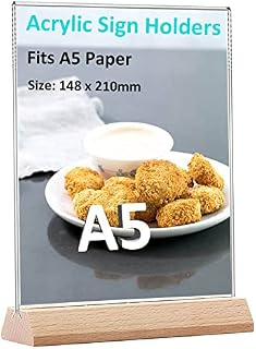 A5 Acrylic Sign Holder A5 Plastic Display Stands Wood Base Double Sided Menu Holder for Tables Counter Poster Sign Display Stand for Restaurant Store Bar Company , 1 Pack