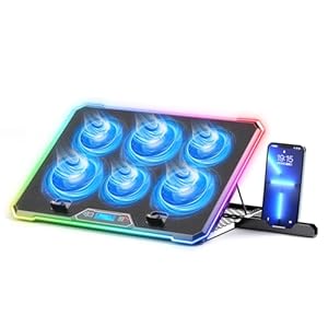 KYOLLY RGB Cooling Pad Gaming Laptop Cooler, Laptop Fan Cooling Stand with 6 Quiet for 15.6-17.3 inch laptops, 9 Height Stand, LED Lights & LCD Screen, 2 USB Ports, Lap Desk Use