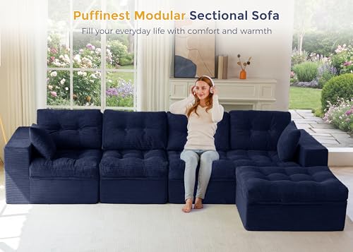 Image of MAXYOYO 132 inch L Shaped Modular Sectional Sofa with Ottoman, Cloud Boneless Couch with Layered Cushion, Upholstered Sofa in a Box, Flexible Module Combination for Living Room, No Assembly, Navy