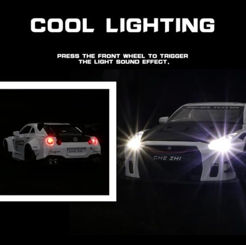 Image of 1:24 Scale Nissaan GTR Model Alloy Metal Pull Back Toy car for Kids with Openable Doors & Light, Music Toy Vehicle for Kids (1:24 Nissaan GTR (White))