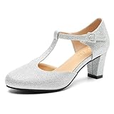 Rjclyh Women's T-Strap Mary Jane Shoes Closed Toe Block Chunky Heels Vintage Casual Dressy Pumps for Work Wedding Party Silver 9.5
