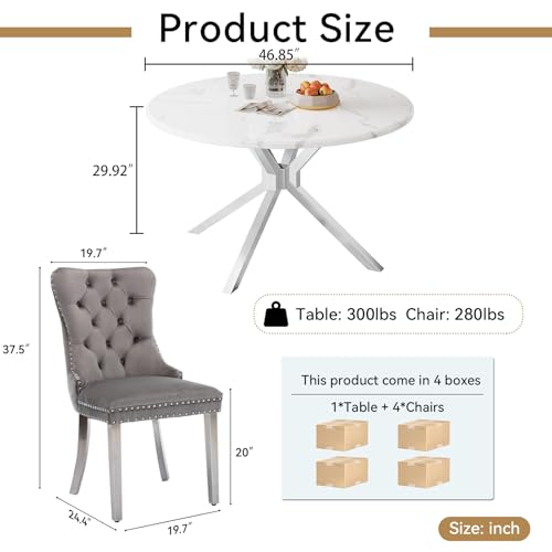 Image of 5-Piece Round Dining Table Set for 4, Modern Faux Marble Kitchen Table and Grey Velvet Chairs Set of 4, Luxury 45 inch Circle White Silver Dining Room Tables with Stainless Steel Cross Legs