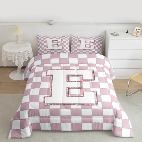 Image of Erosebridal Pink Initial E Comforter Set Queen Kawaii Plaid Checkered Bedding Set Cute Personalized Monogram Comforter for Kids Girls Teen Women,Fashion Grids Gingham Quilt Duvet