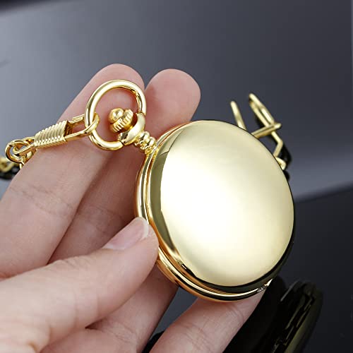 Image of Mens Pocket Watch Skeleton Mechanical Hand Winding Half Hunter Silver Black Golden Case Roman Numerals with Gift Box