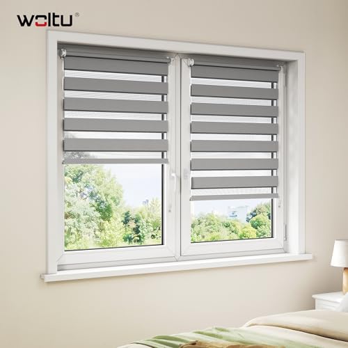WOLTU Doppelrollo Klemmfix ohne Bohren 90x150 cm, Holzlook Grau – Ansicht 2