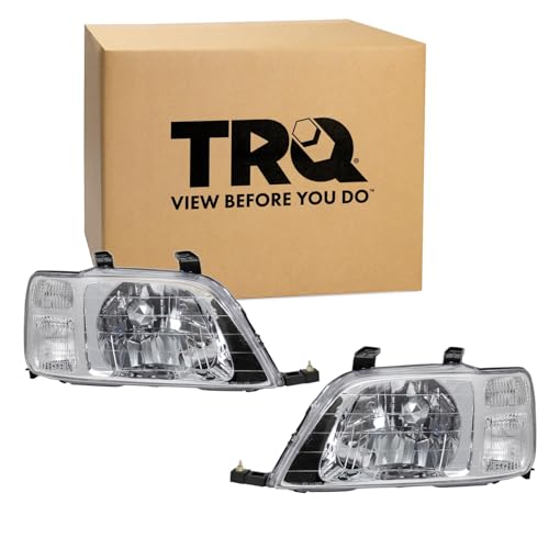 Image of TRQ 2 Piece Headlight Assembly Set Chrome Bezel Driver & Passenger Side Compatible with Honda CR-V 1997-2001 HO2502112 HO2503112 33101S10A01 33151S10A01