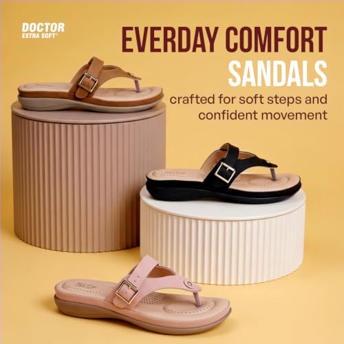 Image of DOCTOR EXTRA SOFT Women's Flat Comfortable Memory Foam Slippers /Flip-Flops Fashion Stylish Casual Diabetic Orthopedic Lightweight Synthetic Slip-on Sandals with Adjustable Strap for Girls /LadiesD-623