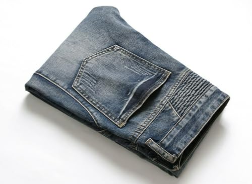 Jeans Pants Trouser Denim Retro Blue Wrinkle Tight Trendy Street Personality Stretch Slim Fit Casual Commuter Straight Leg for Men(Blue,33)4