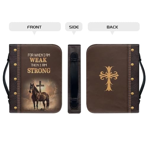 Image of Talayituse Cross Horse Print Bible Covers for Women Men for When I am Weak Then I am Strong PU Leather Christian Bible Case Bible Bag Book Carrying Case Christian Bible Accessories with Handle, M