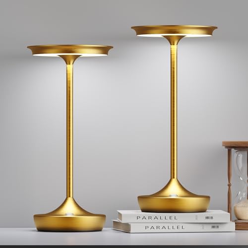 Image of LED Rechargeable Cordless Outdoor 6000mAh Battery Table Lamp 2-Pack Gold | Portable Waterproof 3 Color Stepless Dimmable Lights Memory Function for Patio Restaurant Bar Dining Room