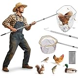 Chicken Net Catcher 3 in 1 Kit,Adjustable from 33' to 79' Chicken Net with 2 Folding Fish Nets & Chicken Leg Hook.Suitable for Catching Chicken,Fish,Birds,Cats,Poultry and Animals（15.3' x 23.2' Net）