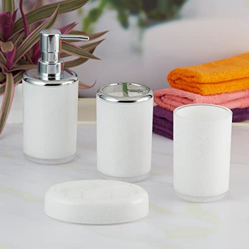 Image of Kookee Acrylic Bathroom Set - Stylish 4 Piece Bath Accessories Kit with Soap Dispenser, Toothbrush Holder, Tumbler & Soap Dish - Modern & Designer Decor for Home & Guest Bathrooms (10050)
