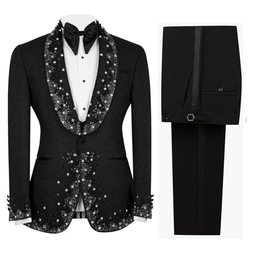 Mens 2 Piece Suit Slim Fit Dinner Tuxedo Jacket Blazer Pants with Handmade Shiny Rhinestone for Prom,Party,Wedding