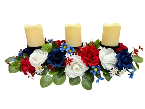 Image of Svndlyn 4th of July Decorations,Patriotic Floral Arrangement Centerpiece for Table,Centerpiece with 3 Candle Holder,Red White and Blue Fake Rose Flowers for Independence Day Home Decor,Memorial Day