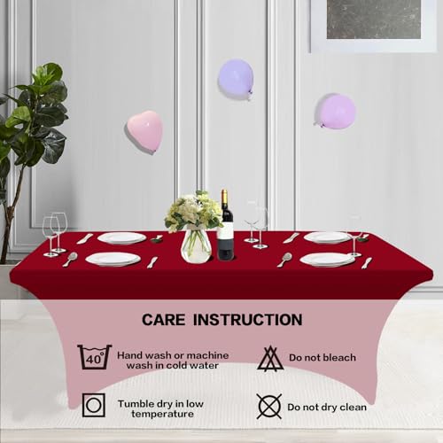 Image of IVAPUPU 2 Pack 4FT Table Cloth for Rectangular Fitted Events Stretch Burgundy Table Covers Washable Spandex Tablecloth Protector for Party, Wedding, Cocktail, Banquet, Festival
