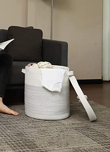 Image of GRATIFY Mansa Traders 12 inch x 12 inch x 14 inch Large Storage Basket with Lid, Cotton Rope Storage Baskets, Laundry Hamper, Blankets Pillows Storage in Living Room Baby Nursery, White&Black Stiches with Cover