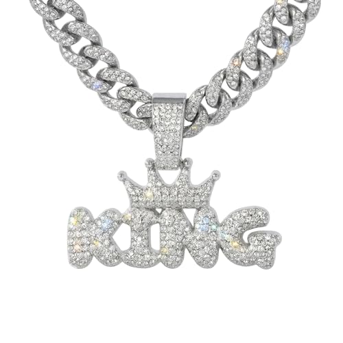 LCWLJL Silver crown letters KING Hip-hop Cuban Chain, Pendant Miami Cuban Link Chain for Men, Gold/Silver Plated Diamond Necklace, Iced Out Hip Hop Necklace