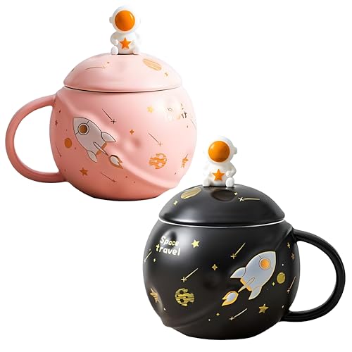 Image of NOSCOMP Astronaut Coffee Mug with Lid & Spoon| Space Travel Ceramic Coffee Mug with Astronaut Lid, Available in Blue, Pink and Black (Pink&Black)