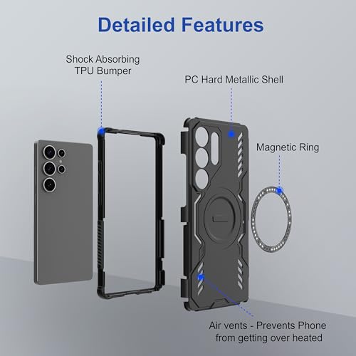 Image of amazon basics Back Case Cover for Samsung Galaxy S25 Ultra 5G | Magnetic Case with Built-in Metal Ring | Supports Mag-Safe Charger, Wallet & Car Mount | Shockproof Hybrid PC + TPU | Black