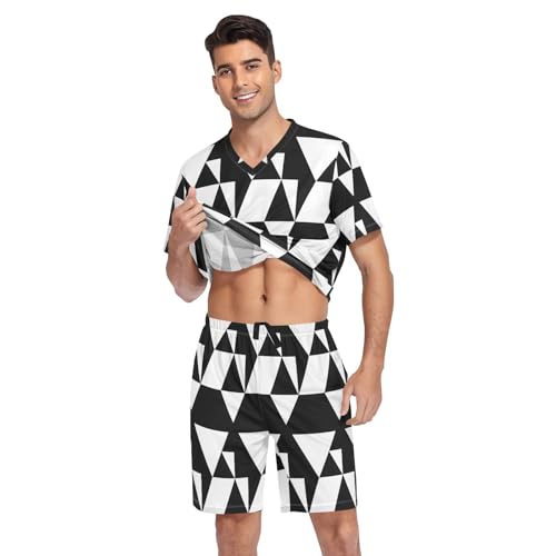 Men's Pajama Set Triangle Background Short Sleeve with Shorts Pockets Sleepwear Set Summer Loungewear3