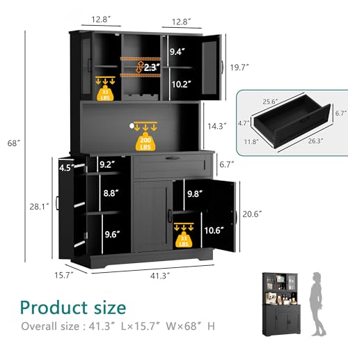 Image of Vongrasig Tall Pantry Cabinet, Kitchen Storage Cabinet with Display Door,Farmhouse Kitchen Hutch with Adjustable Shelves for Dining Room, Black