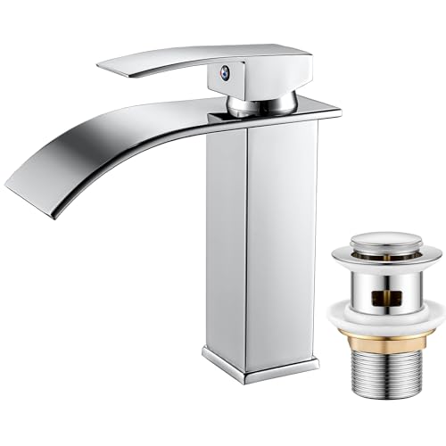 Basin Taps Mixer Waterfall Bathroom Sink Tap Chrome, Mono Basin Mixer Faucet with Pop up Waste, Modern Single Lever Cloakroom Faucet with G1/2 Hoses, Brass