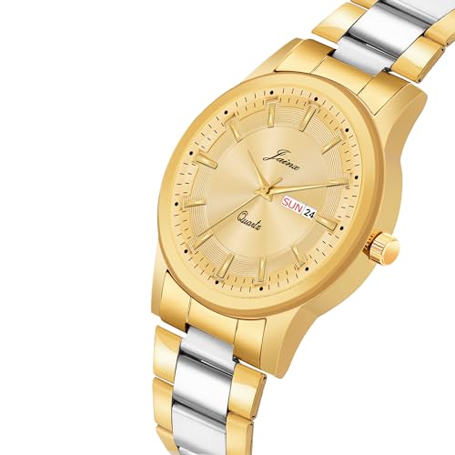 Image of jainx Premium Golden Chain Day and Date Feature Analog Wrist Watch for Men (Golden /White /Black Color Dial)