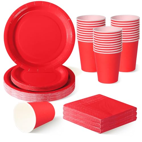 ZblPyro Rojo vajilla cumpleaños para 30 invitados con platos carton redondos 23cm y 18cm, vasos de papel y servilletas. Ideal para San Valentín y aniversarios.
