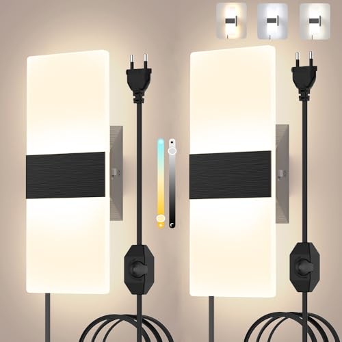 Sytmhoe 2 Pezzi Nere Applique Camera Da Letto Comodino Con Filo Dimmerabile, 12W 3000K 4500K 6000K Luci a Led Da Parete Con Cavo e Spina, Lampadari a Muro Moderni Interno E27 Per Soggiorno Soppalco