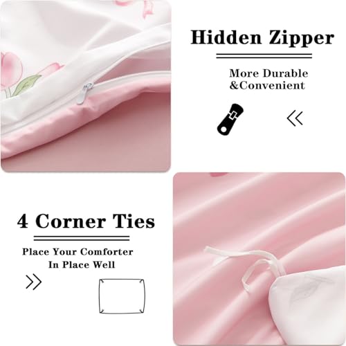 Image of Floral Duvet Cover Twin Size Pink White Flower Reversible Comforter Cover Set Butterfly Bow Heart Soft Breathable Microfiber Bedding Set with Zipper Closure and 1 Pillowcase