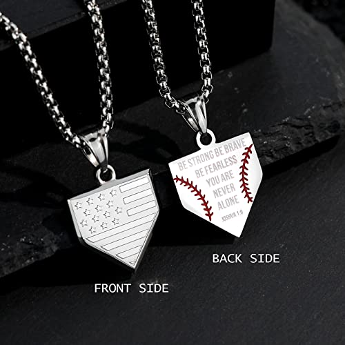 Baseball Home Plate Necklace For Boys Usa Flag Shield Pendant Stainless Steel Chain 22+2 Inch Inspirational Bible Verse Baseball Gift Personalized Patriotic Jewelry For Mens(Silver-1-9） #TOP1