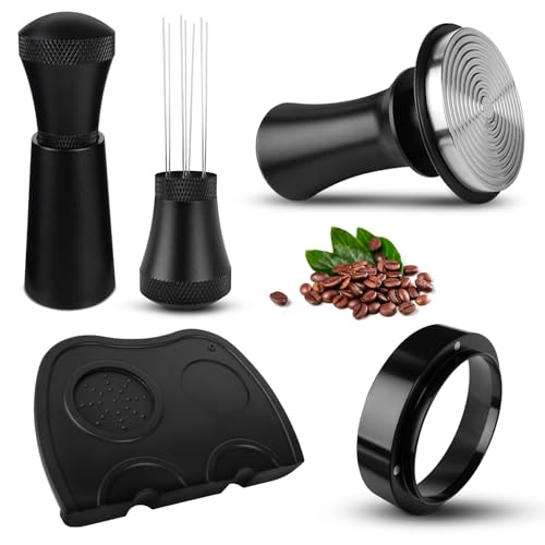 Coffee Accessories Set, with Coffee Tamper 58mm, WDT Tool Espresso, 58mm Dosing Funnel, Tamper Mat, 100% Flat Stainless Steel Base Spring-Loaded Tamper for Espresso Coffee Machine, Black (58mm)