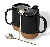 SALFORDKOCO Ceramic Coffee Mug with Lid, Set of 2 Large 15oz Black Mugs, Cork Bottom and Spill-Proof, Gift for Mom & Dad