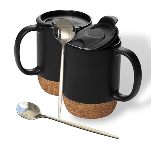 SALFORDKOCO Ceramic Coffee Mug with Lid – Set of 2 Black 15oz Cups with Cork Bottom & Spill-Resistant Lid, Coffee Lover Gift