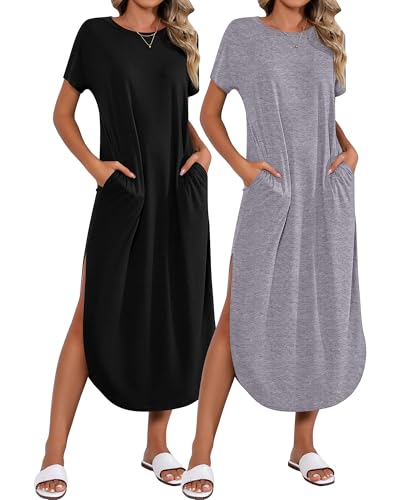 Image of Riyiper 2 Pieces Women's Short Sleeve Maxi Dress Round Neck Casual Loose Split Long Summer Beach Shirt Dress with Pockets