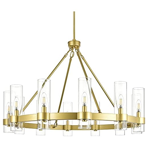 Linea di Liara Teramo Gold Chandelier Dining Room Light Fixture Large Wagon Wheel Chandelier Round Industrial Modern Farmhouse Chandeliers for Dining Room Foyer, Clear Glass, UL Listed