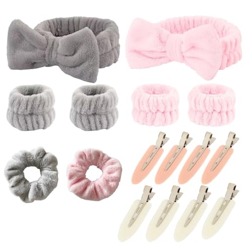 Set da 16 Pezzi, 2 Fasce Capelli Donna Trucco, 4 Pezzi di Polsini per il Lavaggio Del Viso, 2 Fascette per Capelli, 8 Fermagli Capelli, Morbidi Spa Fasce Assorbenti ed Elastici,per la Cura Della Pelle