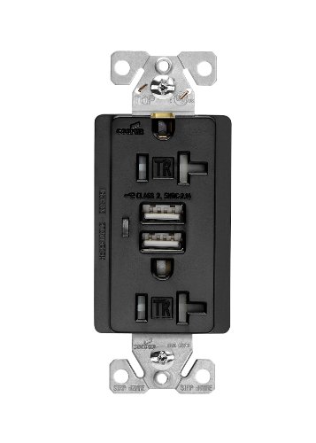 Cooper Wiring Devices TR7746BK-BOX Combination USB Charger with Tamper Resistant Receptacle and Box, 20-Amp, Black Finish