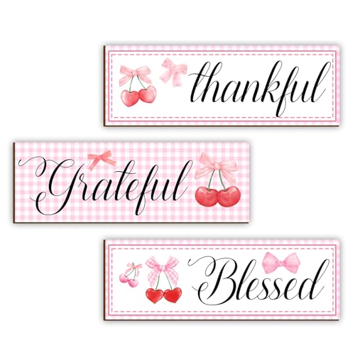 3 Pcs Pink Bow Wooden Sign, Inspirational Quote Hanging Plaque with Hooks, Pink Wood Wall Hang...