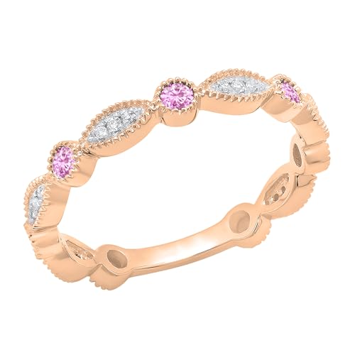 DazzlingRock Collection Anillo de boda para mujer, oro rosa de 14 quilates, zafiro rosa redondo y diamante blanco (talla 9,5)
