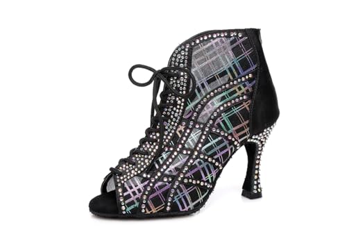 ZHCRCfirm Women's Rhinestones Breathable Mesh Open Toe Satin Ballroom Rumba Party Wedding Practice Performence Dance Shoes Boots YCL434 Black US 10.5