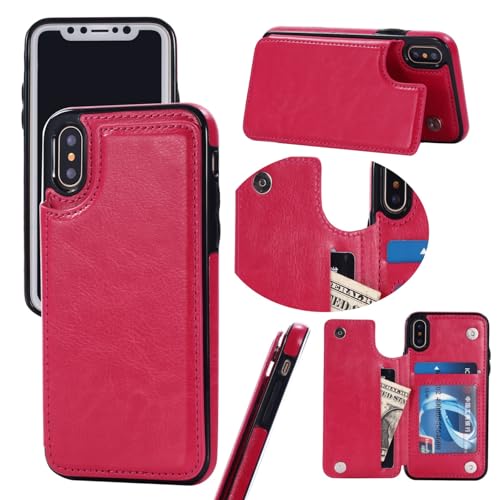 Étui portefeuille iPhone 17 rose rouge en cuir synthétique avec emplacements cartes