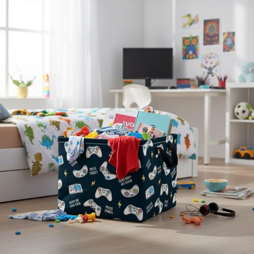 Image of Rectangular Valentines Basket Fabric Storage Bin Storage Boxes Collapsible Storage Basket for Clothes Books Shelves Basket(Blue Game)