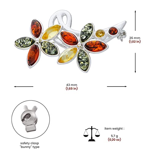 Image of Women's Brooch Colourful Flowers III with Amber, Polished Sterling Silver, Baltic Natural Amber in Three Colours, A Gift for Any Occasion